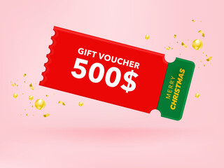 3D Gift voucher with coupon. For Christmas sales and Discount online purchases. In red and green tones isolated on pink background. 3d rendering. - obrazy, fototapety, plakaty