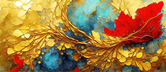 Herbst Blätter Abstrakt Farbe Hintergrund Backdrop Digital Art AI Illustration 3D Effekt Gestaltung Natur - obrazy, fototapety, plakaty