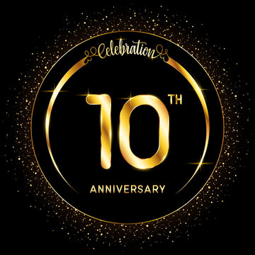 10th Anniversary. Perfect logo design to celebrate Anniversary with gold color ring, For greeting card, invitation card, flyer, banner, poster, vector illustration