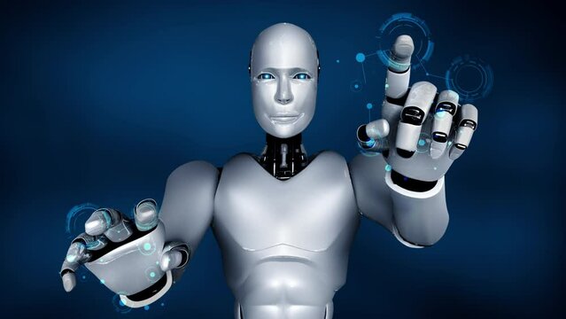 Futuristic robot artificial intelligence huminoid AI programming coding technology development and machine learning concept. Robotic bionic science research for future of human life. 3D rendering.