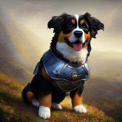 Adorable tiny Bernese mountain dog puppy as cartoon adventurer