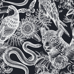 Tropical animals seamless pattern background design. Engraved style. Hand drawn leopard, snake, toucan, scarlet macaw, african giant swallowtail, monstera, strelitzia, tropical palm leaves, orchid