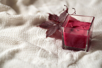 aroma candle of crimson color in glass, autumn burgundy leaf of wild grapes on the background of white knitted fabric.