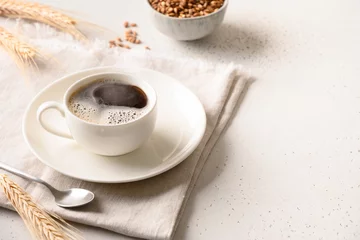 Crédence de cuisine en verre imprimé Bar a café Barley coffee in white cup, beans and ears of barley on white background. Best natural caffeine free organic coffee alternative. Coffee substitute beverage made of a healthy blend of roasted barley