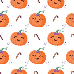 Seamless pattern for Halloween holiday with cute pumpkin. Childish background for fabric, wrapping paper, textile, wallpaper and apparel.