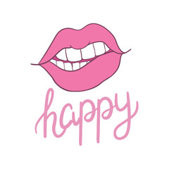 Pink glossy lips, white teeth, beautiful smile of a girl, abstract vector illustration