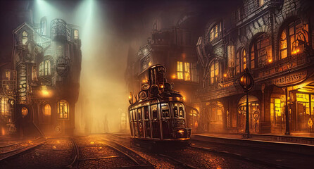 illustration of a steampunk cityscape, illuminated buildings, misty, digital art