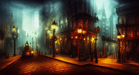 Fototapeta na wymiar illustration of a steampunk cityscape, illuminated buildings, misty, digital art