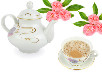 Obraz na płótnie Canvas Porcelain teapot and cup with floral ornaments isolated on a white background. Collage.