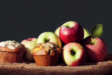 Apples and cupcakes in a low anle view from the side