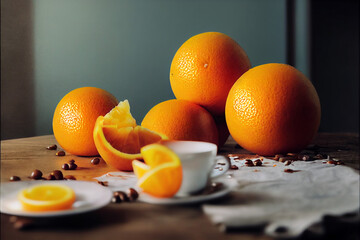 Oranges, coffeebeans and an espresso viewed from a low angle on a table