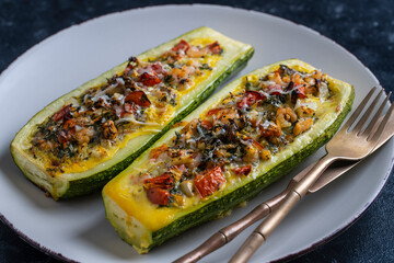 Zucchini stuffed with shrimps, vegetables and cheese. Baked zucchini boats