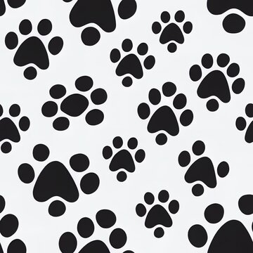 Seamless pattern design with cute little dog characters, paw trace and bones isolated on white background. 2d illustrated flat illustration. For kids gifts packaging, wrapping paper etc.