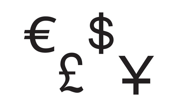 Currency icons. Collection of currency symbols - dollar, euro, pound, rupee, yuan, ruble. Cash icon. Currency exchange symbol. Coins icon. Finance symbol. Currency symbol. Bank payment symbol.