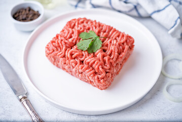 Raw fresh minced meat with cilantro leaves, onion slices and pepper