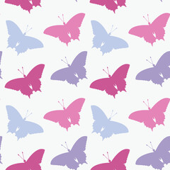 Seamless pattern. Lilac, pink, purple butterfly silhouettes on white