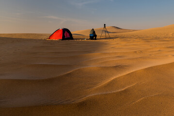 Desert camping in the sand dune desert of Abu Dhabi, UAE.