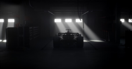 Fototapeta premium Back view silhouette of a modern generic sports racing car standing in a dark garage on a pit lane, cinematic lighting. Realistic 3d rendering