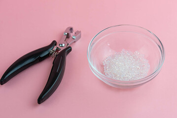 Keratin Glue Pellets Granules Beads for Nail Tip Hair Extensions Transparent hot melt grain with pliers or forceps tools for forming keratin capsules to bond the extension to the natural human hair.