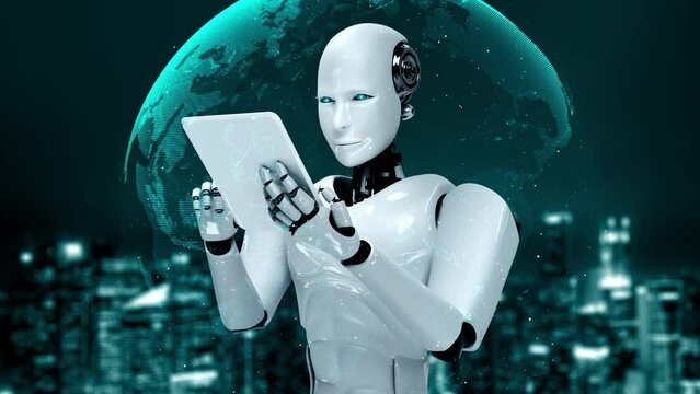 Futuristic robot artificial intelligence huminoid AI programming coding technology development and machine learning concept. Robotic bionic science research for future of human life. 3D rendering.