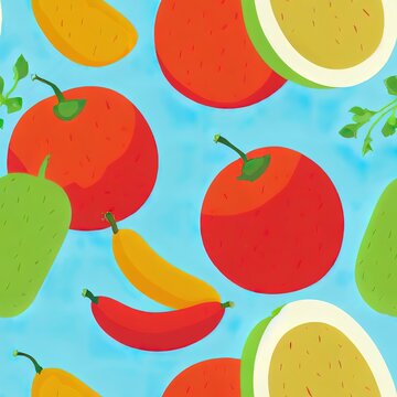 Two top and bottom Seamless Patterns with Fruits, Vegetables and empty space for text between them . 2d illustrated Background. Frame with organic food. Can be also yused like Banner, Flyer, Texture