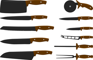 big set different types knives different size for butcher