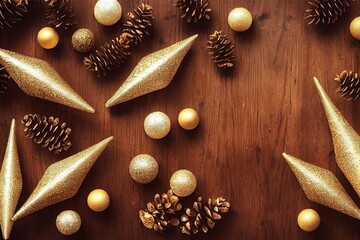 Gold Baubles Pine Cones on Wooden Table Flat Lay