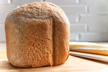 Homemade fresh bread. Freshly baked bread on a wooden board in a cut. Whole loaf.