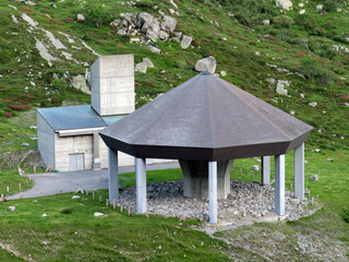Gotthard tunnel ventilation shaft (Lüftungsschacht Gotthardtunnel) along the mountain road crossing St. Gotthard in the Swiss Alps, Airolo - Canton of Ticino (Tessin), Switzerland (Schweiz)