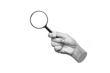 A female hand holding a magnifying glass isolated on a white background. Mockup with empty copy...