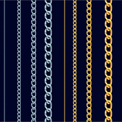 Seamless vector pattern with gold and silver chains of different sizes for dark blue background