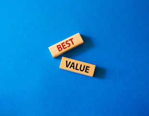 Best value symbol. Wooden blocks with words Best value. Beautiful blue background. Business and Best value concept. Copy space.