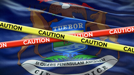 Michigan state symbol flag with caution tape. 3D illustration