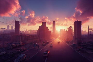 sunset in the city. Modern digital art illustration background.