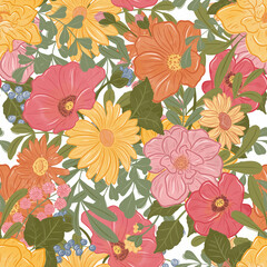 Seamless repeating, illustrated summer floral pattern background tile. 