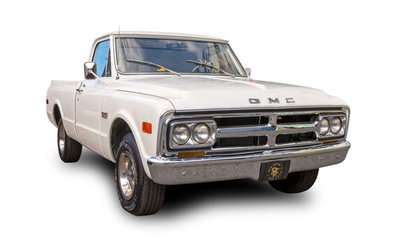 American classic pickup truck 60-s GMS 1500 V-eight. White background.