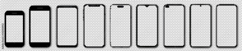 Poster Set different black models smartphone with empty touch screen and shadow front view. Collection mockup smartphone, model 3D mobile phone