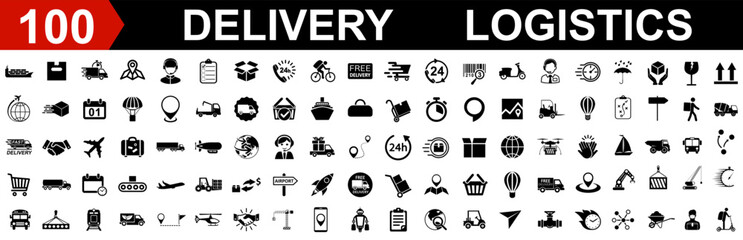 Set 100 logistics icons, delivery, global logistic, package, transportation, shipping signs collection – stock vector
