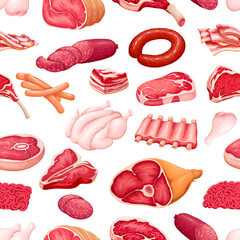 Meat set seamless pattern vector illustration. Cartoon isolated cut or whole products of butchers shop to grill and cook for home or restaurant menu, raw beef steak and pork ribs, chicken and ham