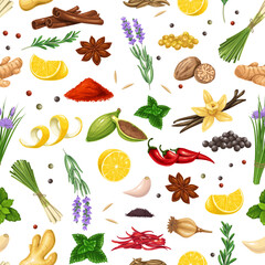 Spice and herbs set seamless pattern vector illustration. Cartoon isolated ingredients for cooking spicy aromatic food, cumin, coriander and cardamon spice seeds, nutmeg and saffron, garlic glove