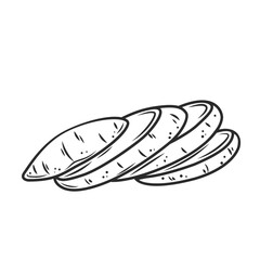 Sweet potato cut into slices outline icon vector illustration. Line hand drawn potato tuber with peel cutting into pieces to cook healthy meals, food ingredient of organic nutrition, sliced vegetable
