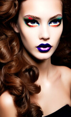 Fototapeta premium Portrait of a beautiful girl with creative makeup and hairstyle. Illustration. Created with the help of artificial intelligence.
