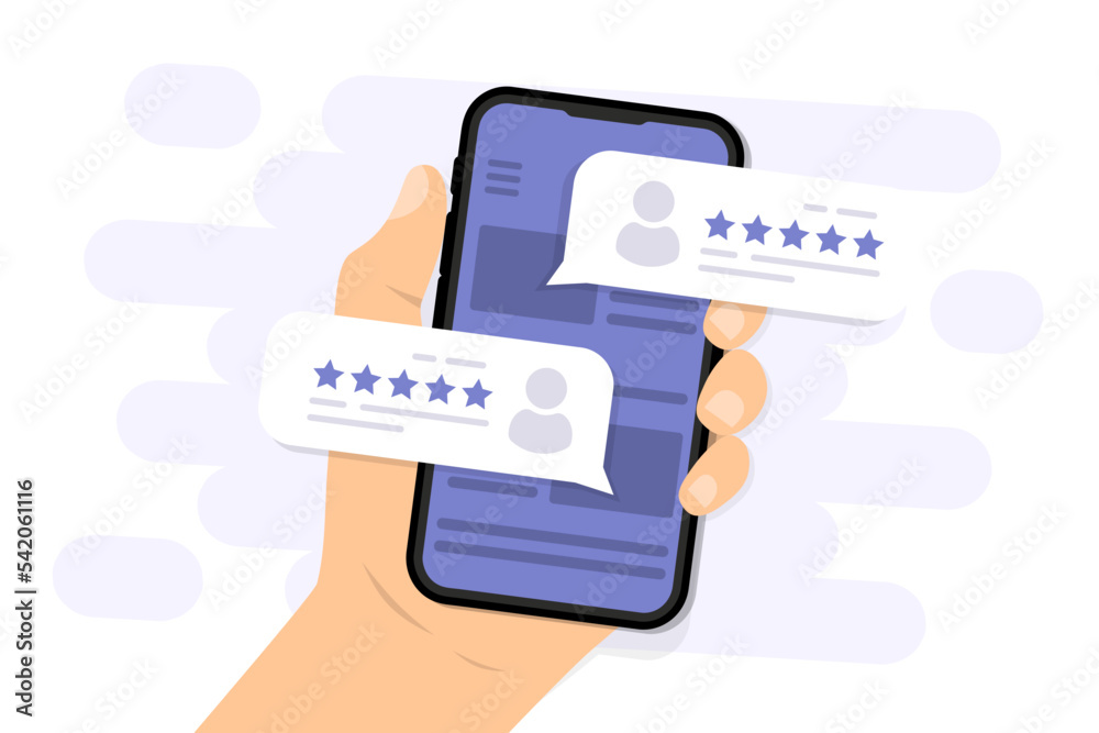 Leinwandbilder hand holding phone with review rating. user reviews with good and bad rate on smartphone screen. cus