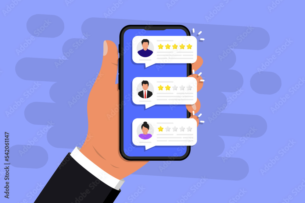 Leinwandbilder hand holding phone with review rating. user reviews with good and bad rate on smartphone screen. cus