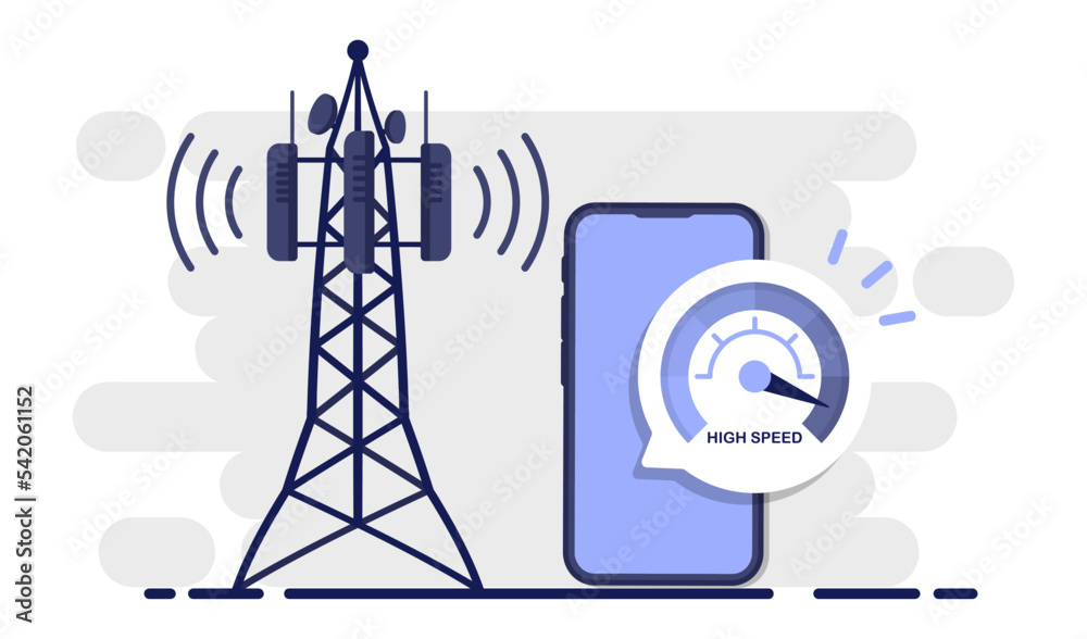 Leinwandbilder internet speed test in smartphone. hand keeps the phone near communication tower. 5g wireless networ
