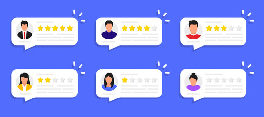 User reviews online. Customer feedback review experience rating. People giving feedback. Clients choosing satisfaction rating and leaving reviews. Online customer feedback experience rating - obrazy, fototapety, plakaty