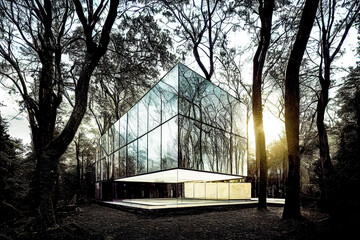 Glashaus im Wald Modernes Architektur Design am Stadtrand - AI Digital - Illustration