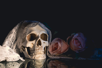 Human skull and flowers. Day of the dead, Dia de los muertos character.