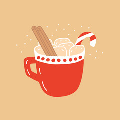 Christmas greeting card with hot chocolate red cup and candy cane. Vector flat style hot chocolate with marshmallow Christmas card