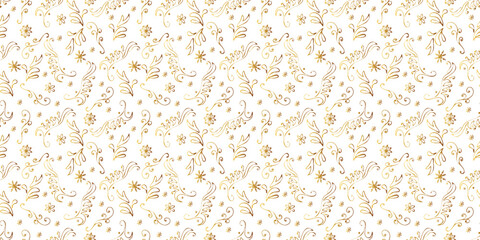 Golden curls and snowflakes. Hand-drawn seamless winter pattern. Vector illustration for wrapping paper, greeting cards and invitations. 